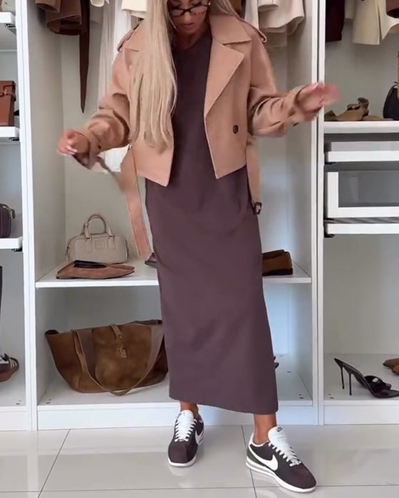 Robe Uni Col Rond Fente Tunique