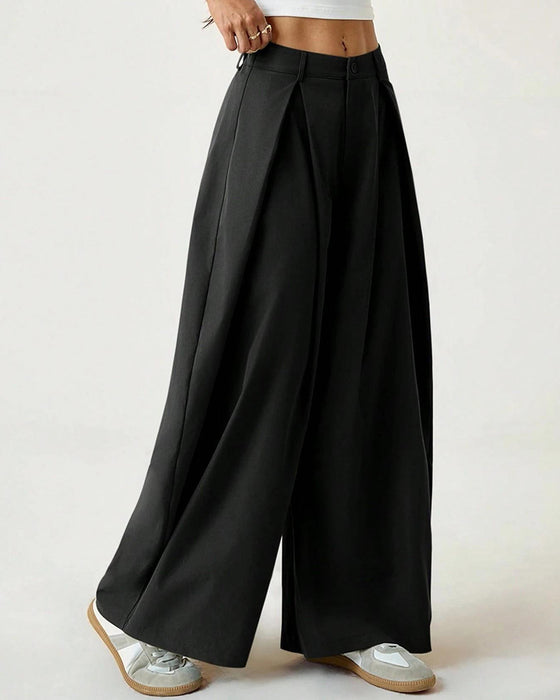 Pantalon Taille Haute Plissé Jambe Large Décontracté