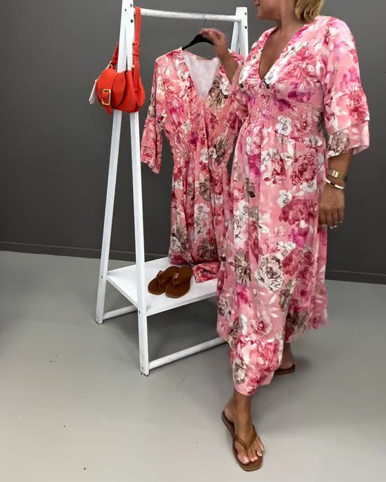 Robe Col V Profond Double Couche Volant Florale