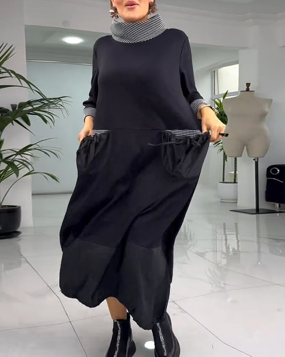 Robe patchwork à carreaux décontractée avec col montant et poche
