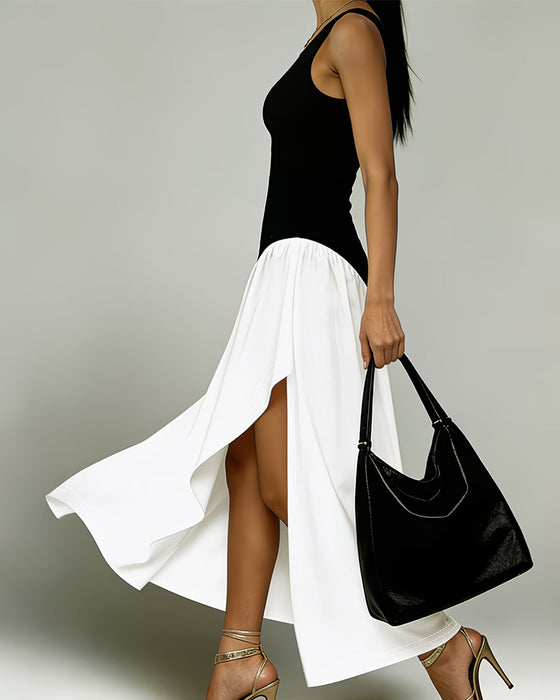 Robe Col Rond Sans Manches Patchwork Irrégulier