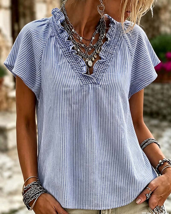 Blouse Col V Rayure Volant