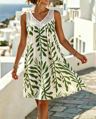Robe Sans Manches Dentelle Col V Fleuri