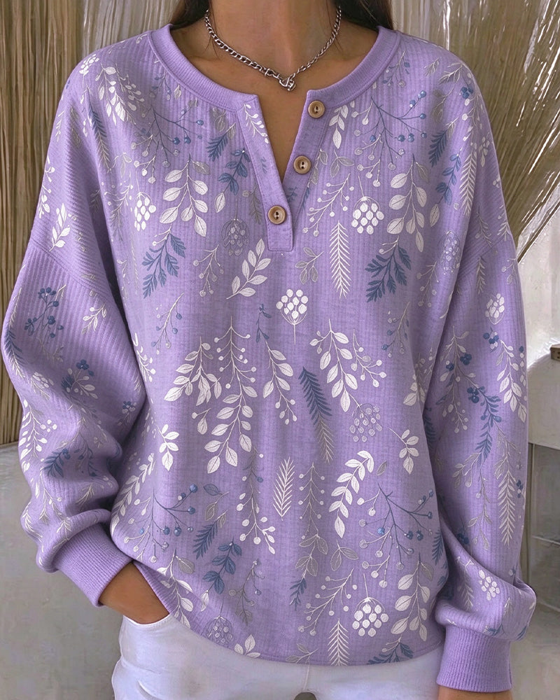 Sweatshirt Gaufré Col Henry Imprimé Floral