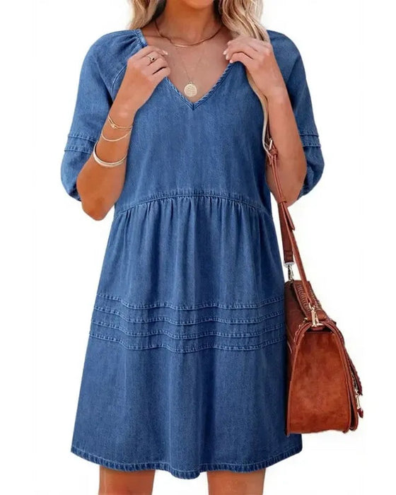Robes Denim Col V Manche Bouffante
