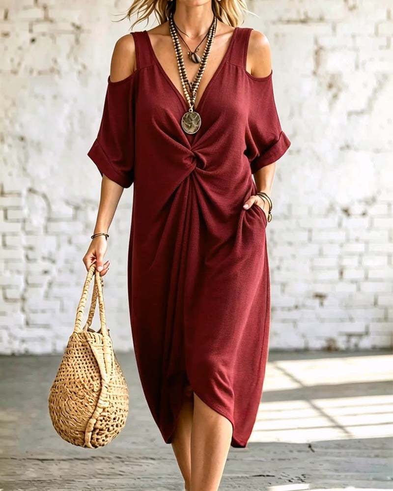 Robe Unie Épaule Dénudée Froncée