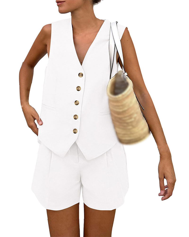 Ensemble Col En V Débardeur Simple Boutonnage Short