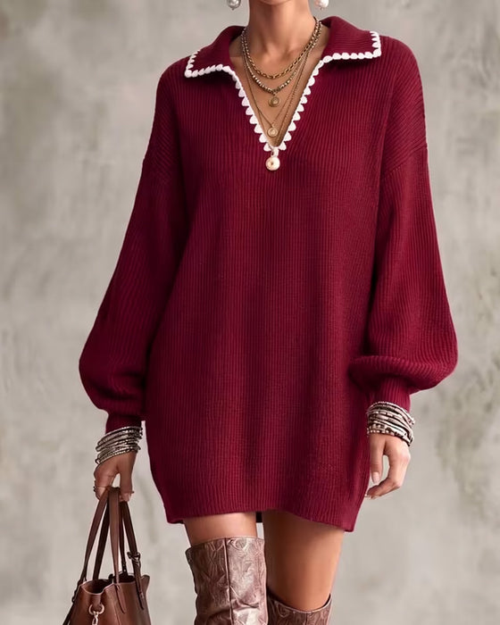 Robe Pull Revers Contraste Manches Lanterne