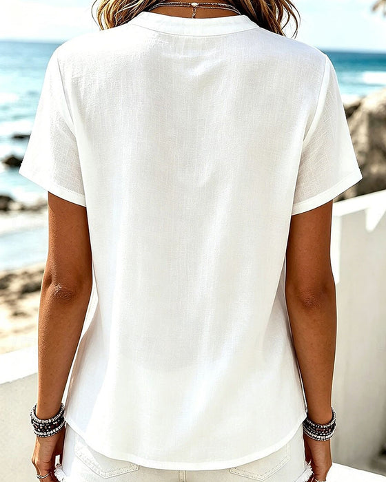 Blouse Col V Évidé Unie