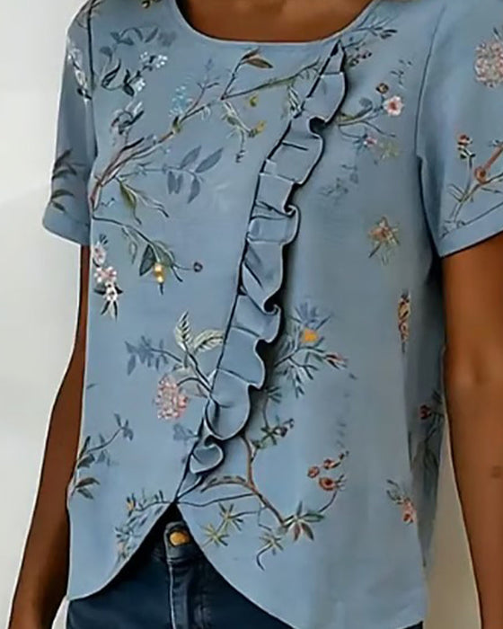 Blouse Col Rond Manches Courtes Volantée Florale