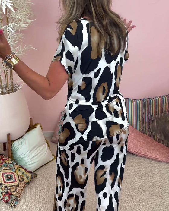 Ensemble deux pièces décontracté à lacets et imprimé léopard