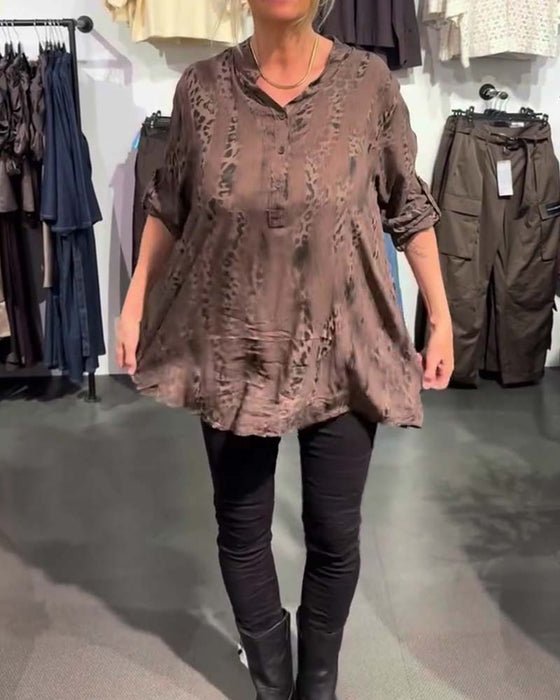Blouse Col En V Bouton Devant Léopard Imprimé Décontractée