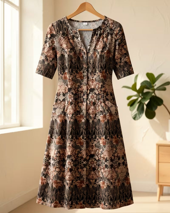 Robe Col V Imprimé Patchwork Demi‑manche