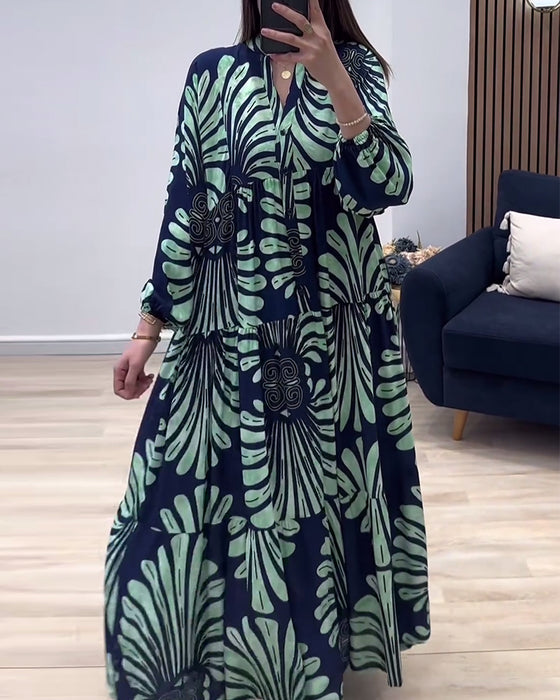 Robe longue imprimée patchwork à col montant et manches longues