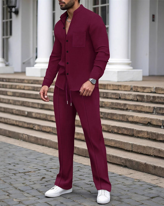 Ensemble Homme Deux Pièces Décontracté Gaufré Chemise Pantalon