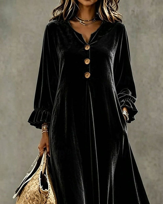 Robe Col En V Bordure Volantée Manches Longues Velours