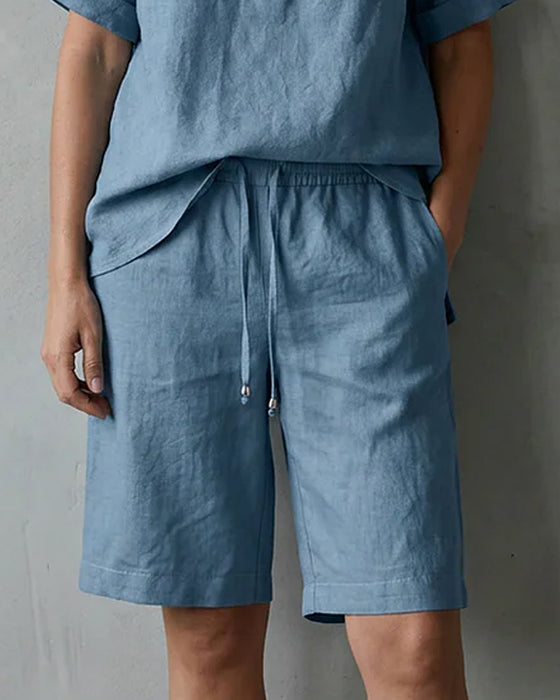 Deux-Pièces Ensemble Col Henley Manche Courte Et Cordon De Serrage Cinq-Points Large Jambe Pantalon