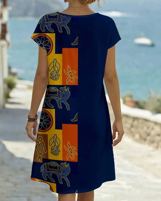 Robes Ethnique Imprimé Manches Courtes Droite