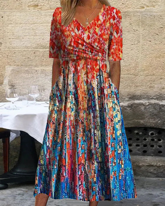 Robe de villégiature imprimée avec poches et col en V