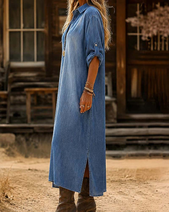 Robe Col Chemise Fente Décontractée