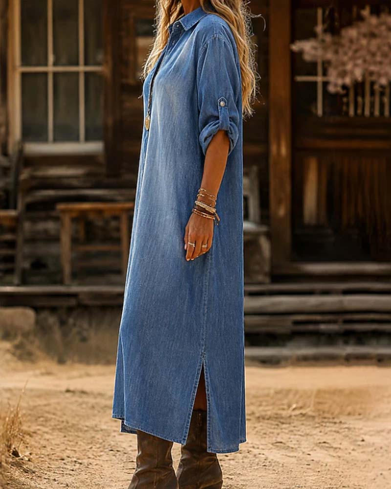 Robe Col Chemise Fente Décontractée