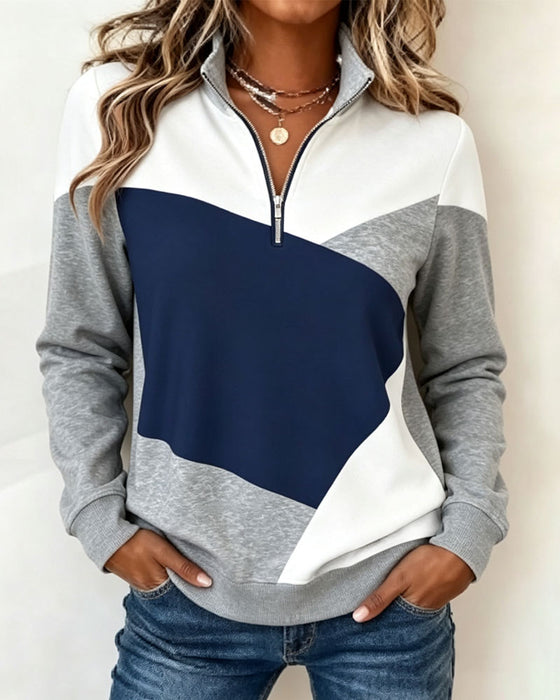 Sweatshirt Géométrique Bloc De Couleur Fermeture Éclair