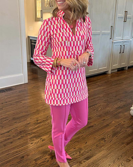 Haut imprimé à col montant et manches neuf-quarts