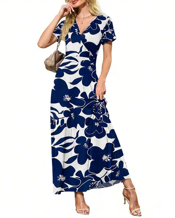 Robe Col V Imprimée À Manches Courtes