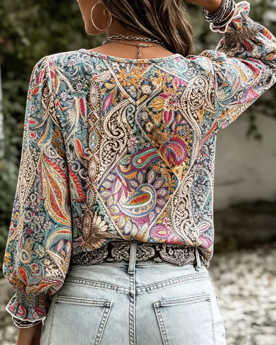 Blouse Col V Bohème Manche Bouffante