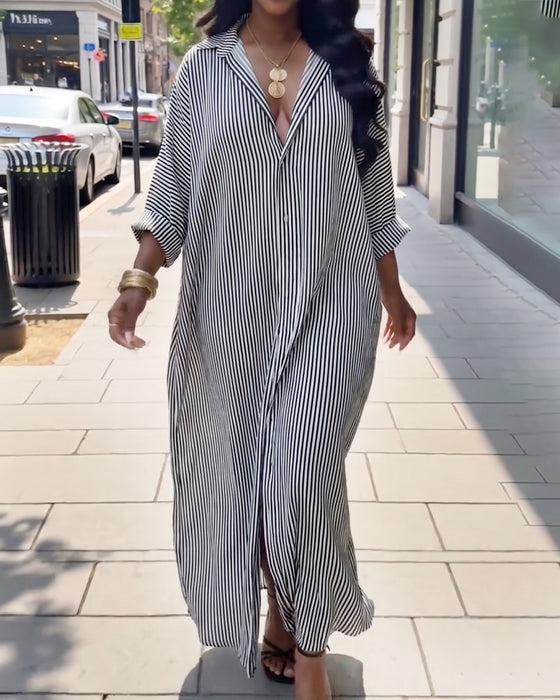 Robe Manches Longues Revers Lâche Rayée Chemise