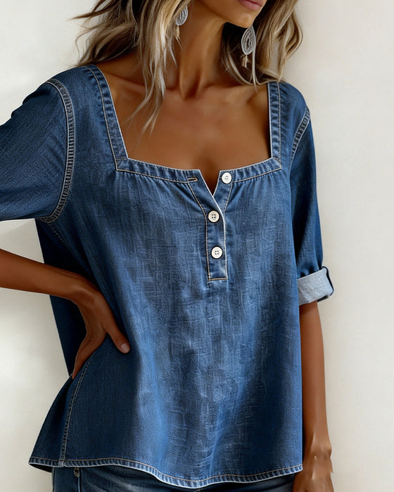 Chemise Col Carré Denim Demi-Manche
