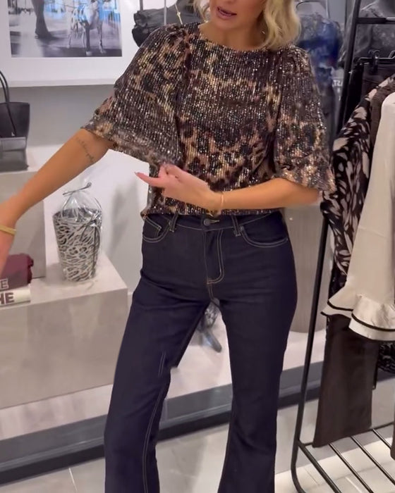 Blouse Manches Lanterne À Sequins Imprimé Léopard