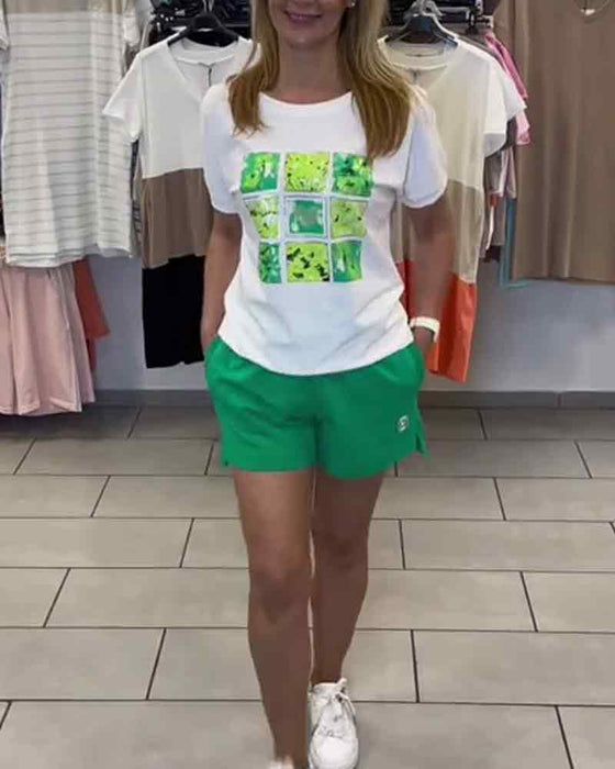 Ensemble Short Décontracté Imprimé Taille Mi-Haute