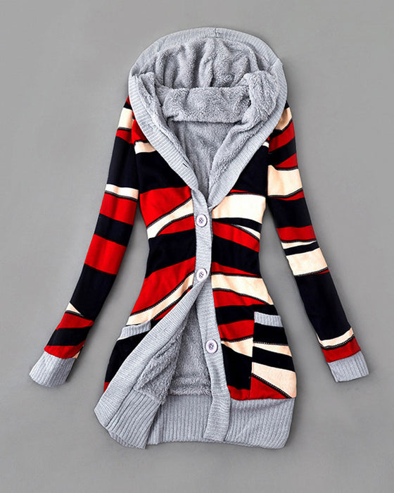 Manteau Imprimé À Capuche Boutonné