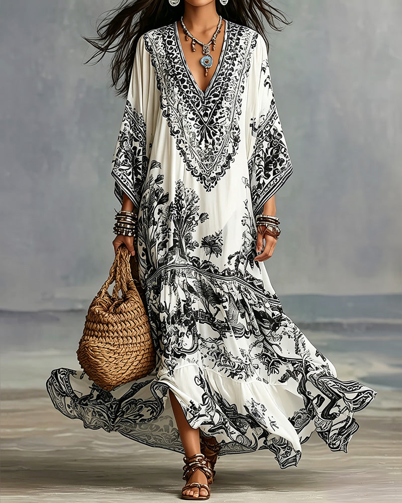 Robe Col En V Bohémienne Évasée Asymétrique
