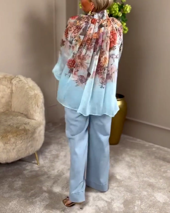 Chemise Manche Lanterne Col Montant Imprimé