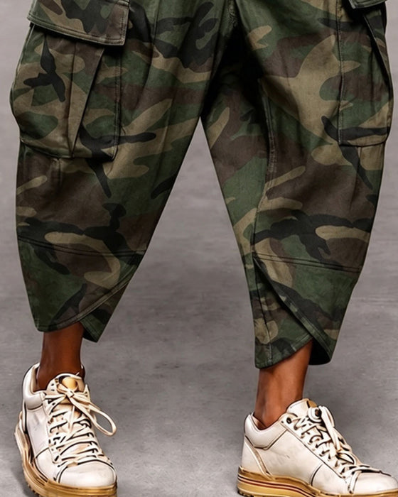 Pantalon Camouflage Multi-Bouton Taille Haute Mode