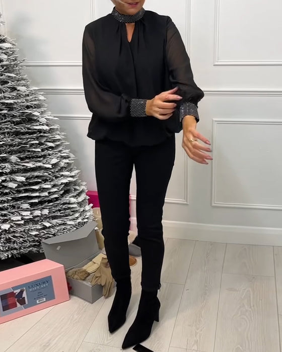 Chemisier à col montant ajouré en patchwork de couleur unie