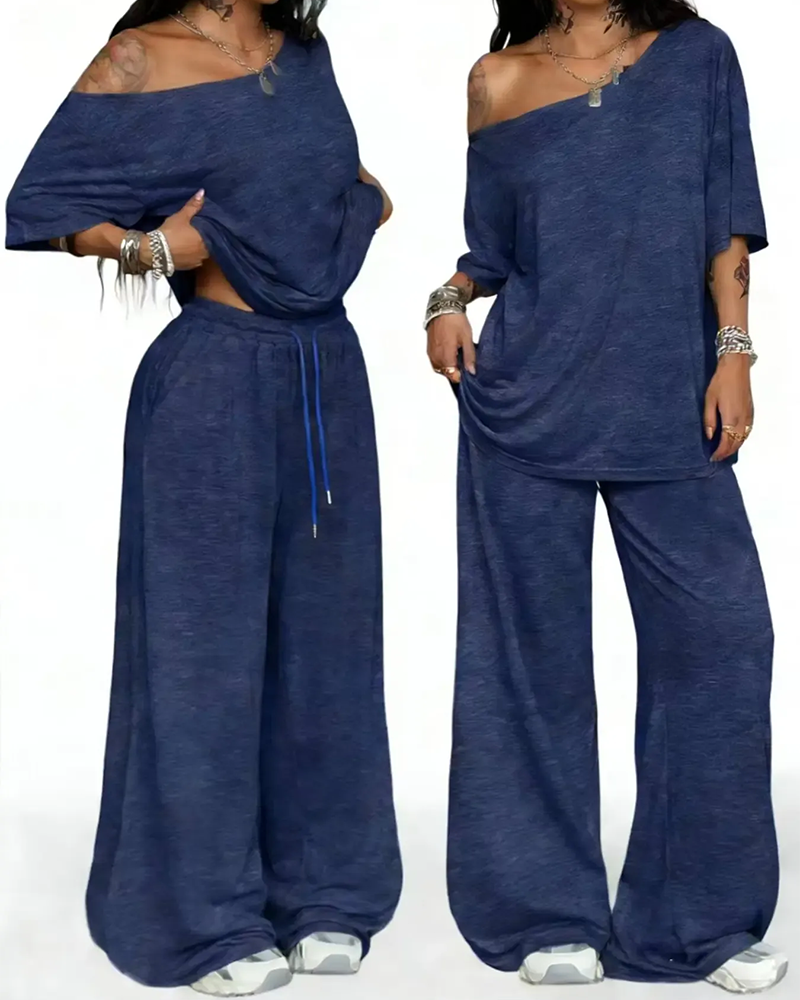 Ensemble Col Oblique Cordon De Serrage À La Taille Large Jambe Pantalon
