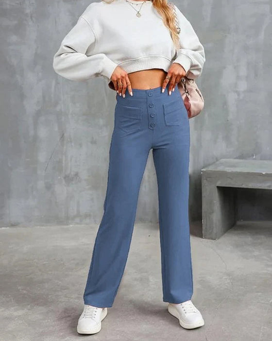 Pantalon Taille Haute Boutonné Jambe Large