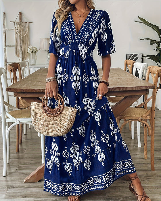 Robe Col En V Imprimé Jupe Ample Taille Haute