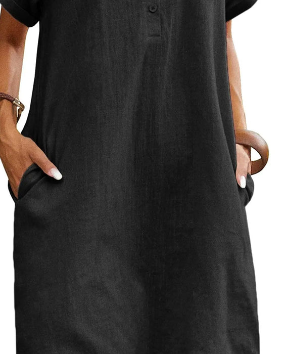Robe Col Bouton Fente Manches Courtes Décontractée