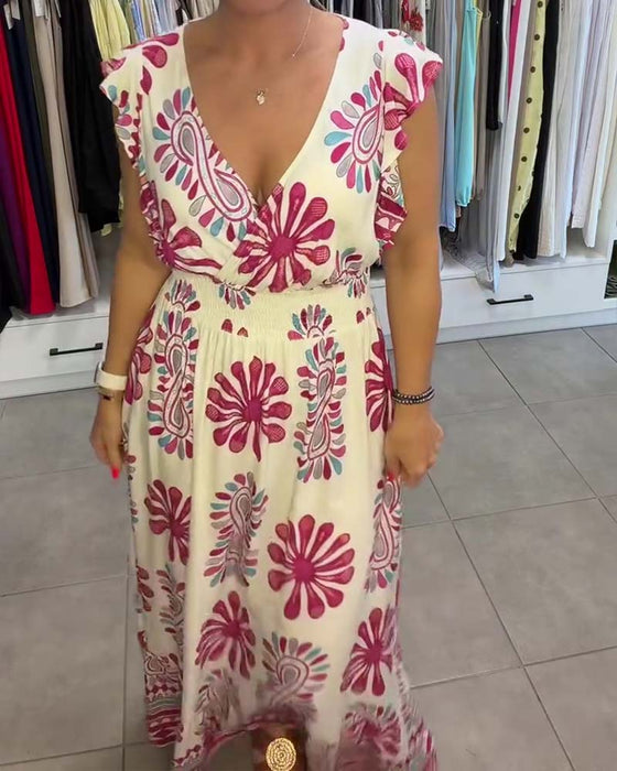 Robe Floral Taille-Serrée Manche-Volant Vacances Maxi