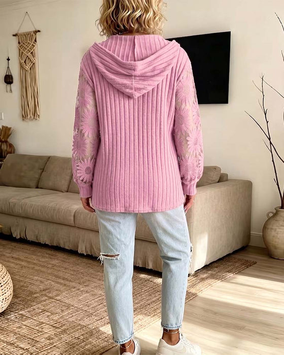 Blouse Capuche Col V Dentelle Patchwork Côtelé