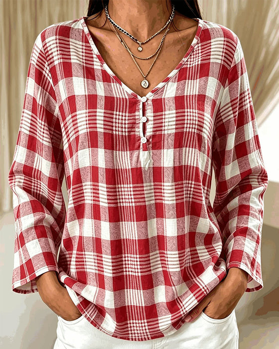 Blouse Élégante Col En V À Carreaux Manche Coude