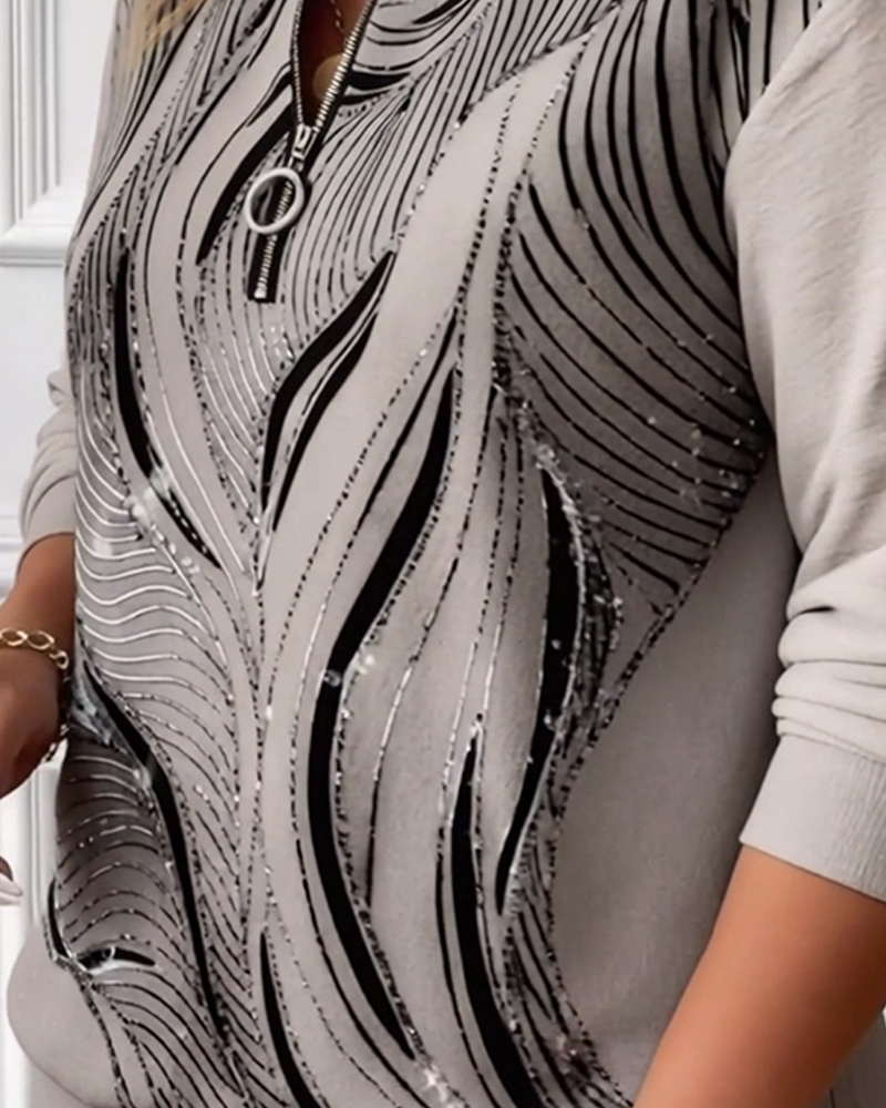 Sweat Décontracté Grande Taille Imprimé À Demi-Fermeture Éclair