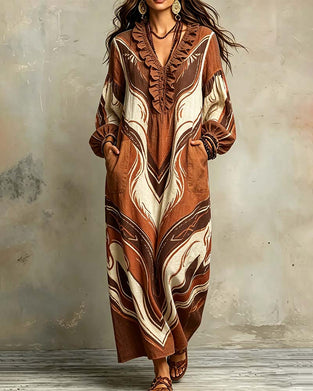 Robe Volant Poche Manche Ballon Col V