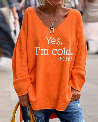 Pull Col En V Imprimé Lettre Ample Décontracté