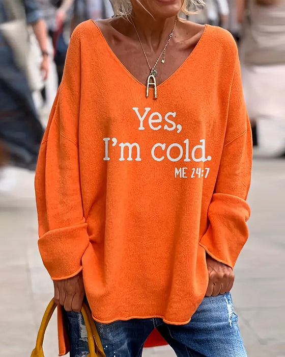 Pull Col En V Imprimé Lettre Ample Décontracté