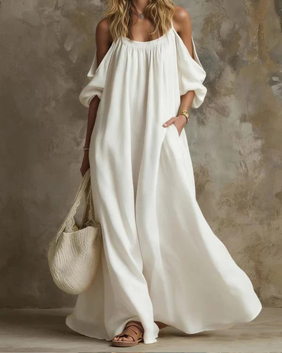 Robe Bretelles Hors Épaule Jupe Ample Unie Poche